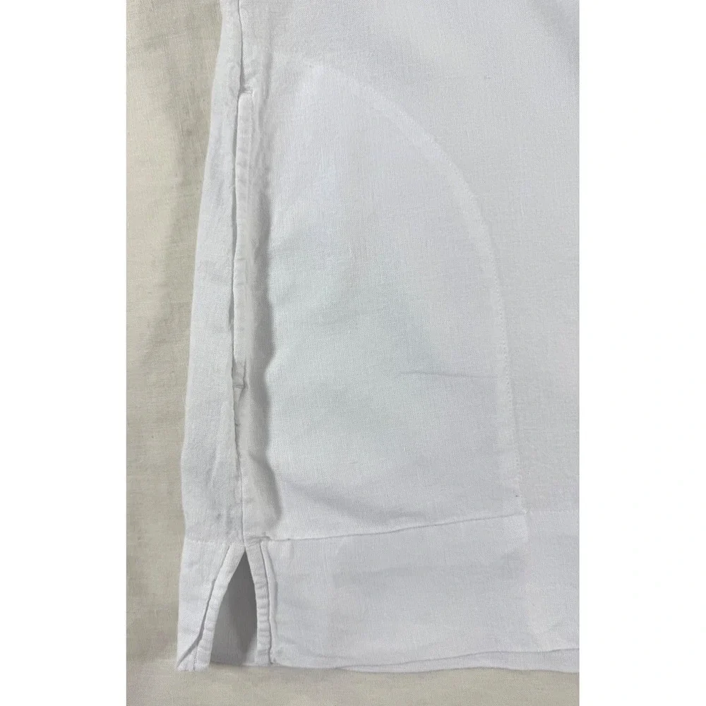 Lands' End White Linen Blend Split Neck Tunic Blouse S Coastal Resort Minimalist